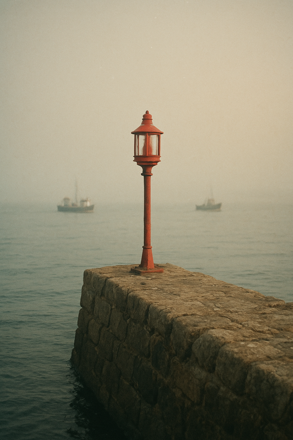 Small red harbor approach light on a stone breakwater with fishing boats in soft mist