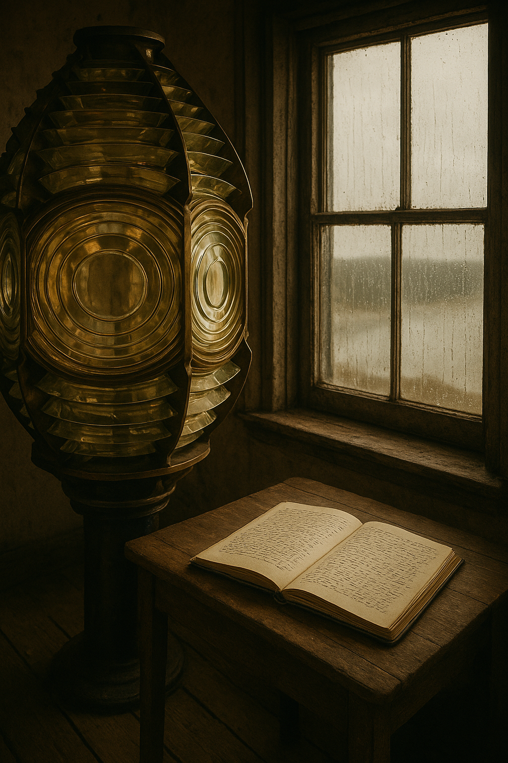 Archival-style lighthouse lamp room with brass lens, weathered wood floor, and a keeper's open journal near a rain-streaked window