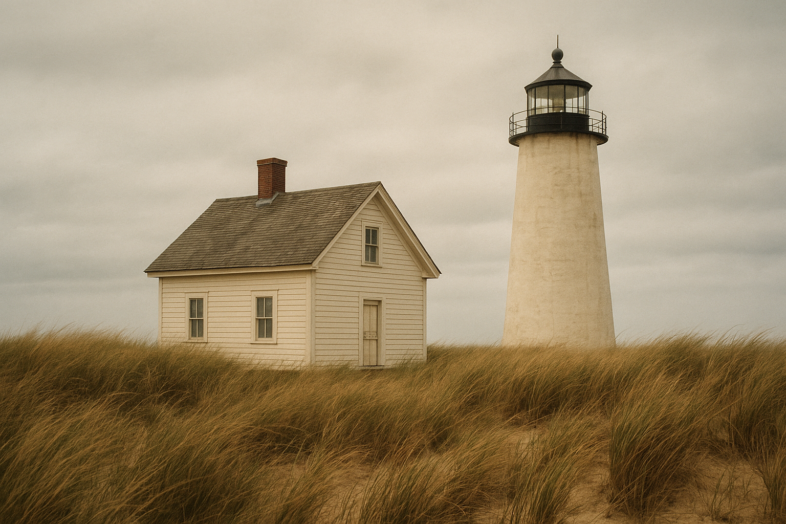 Weatherboard keeper’s quarters beside a lighthouse with windswept grass and low clouds