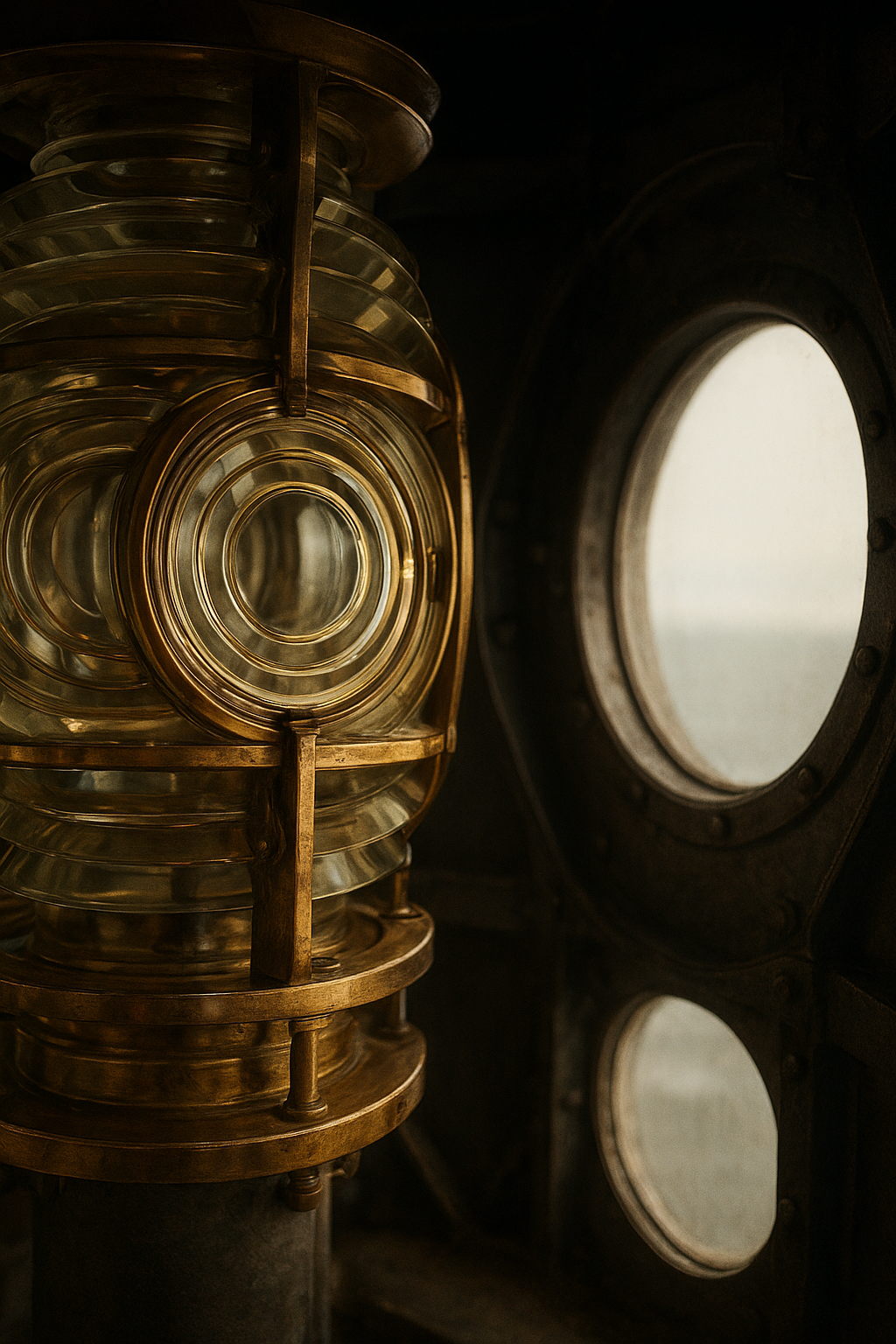 Close interior view of a brass lighthouse lens assembly and riveted metal framing
