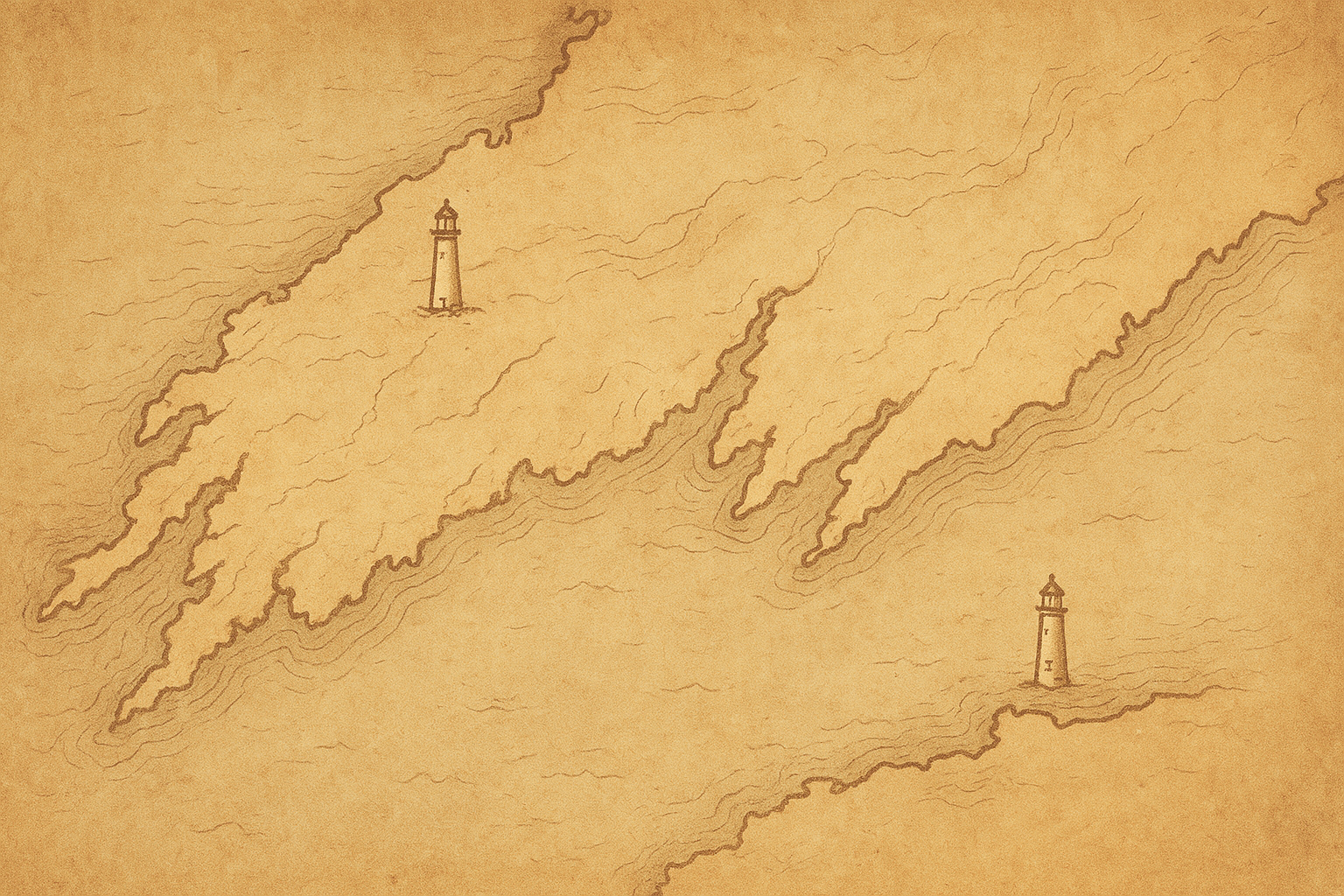 Illustrated coastal chart in warm archival tones with lighthouse markers, shoreline lines, and heritage map texture