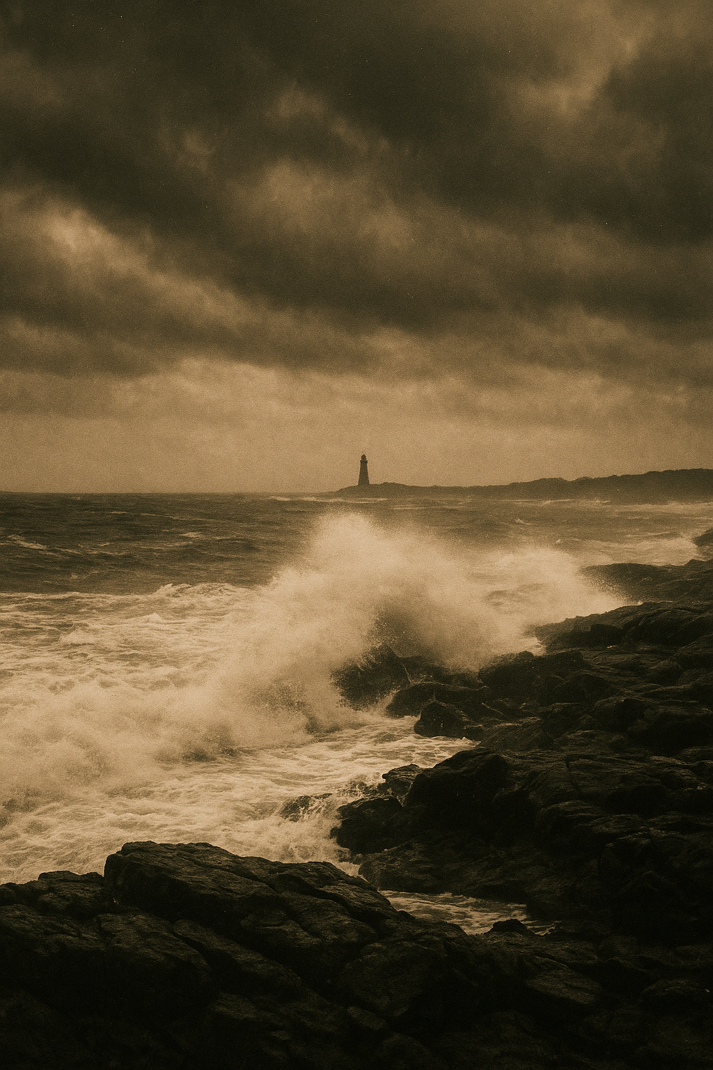 Stormy shoreline with rough surf, dark sky, and distant lighthouse silhouette