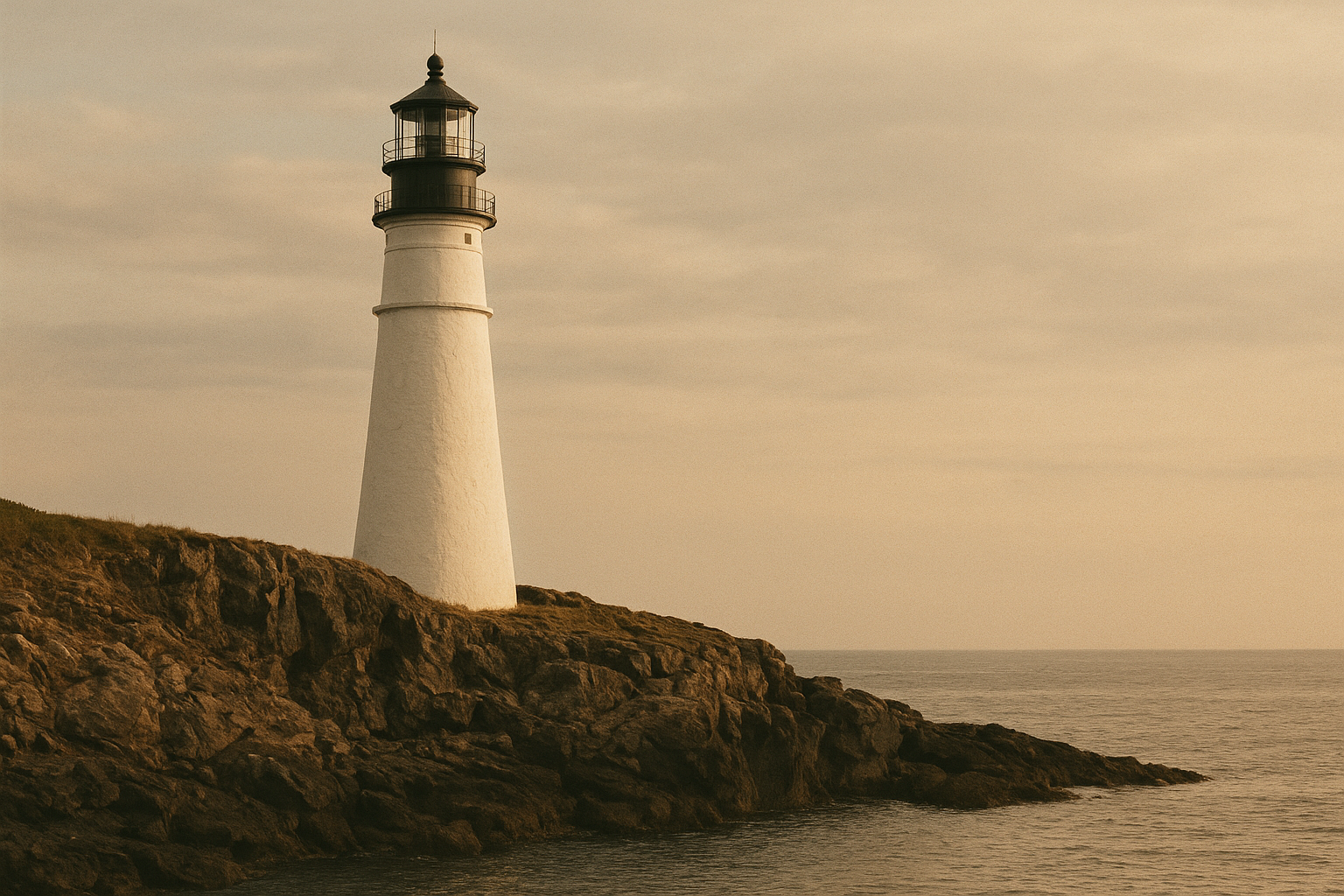 Tall white lighthouse standing on a rugged dark cliff above calm coastal water at golden hour