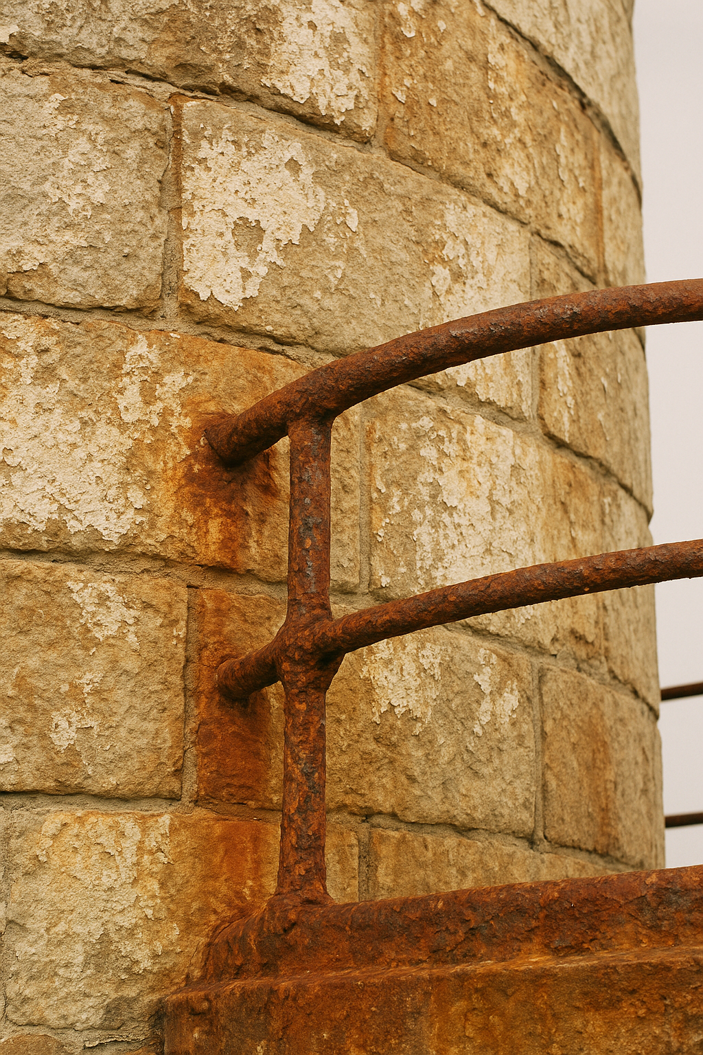 Detailed close-up of salt-worn lighthouse masonry and rusted iron railing