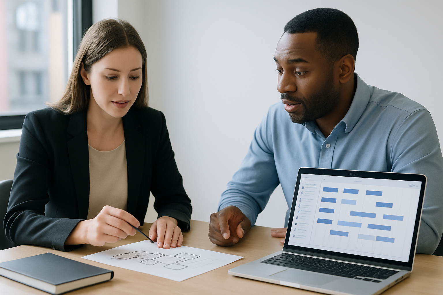 Consultant and operations lead reviewing workflow notes beside a laptop showing an application planning board