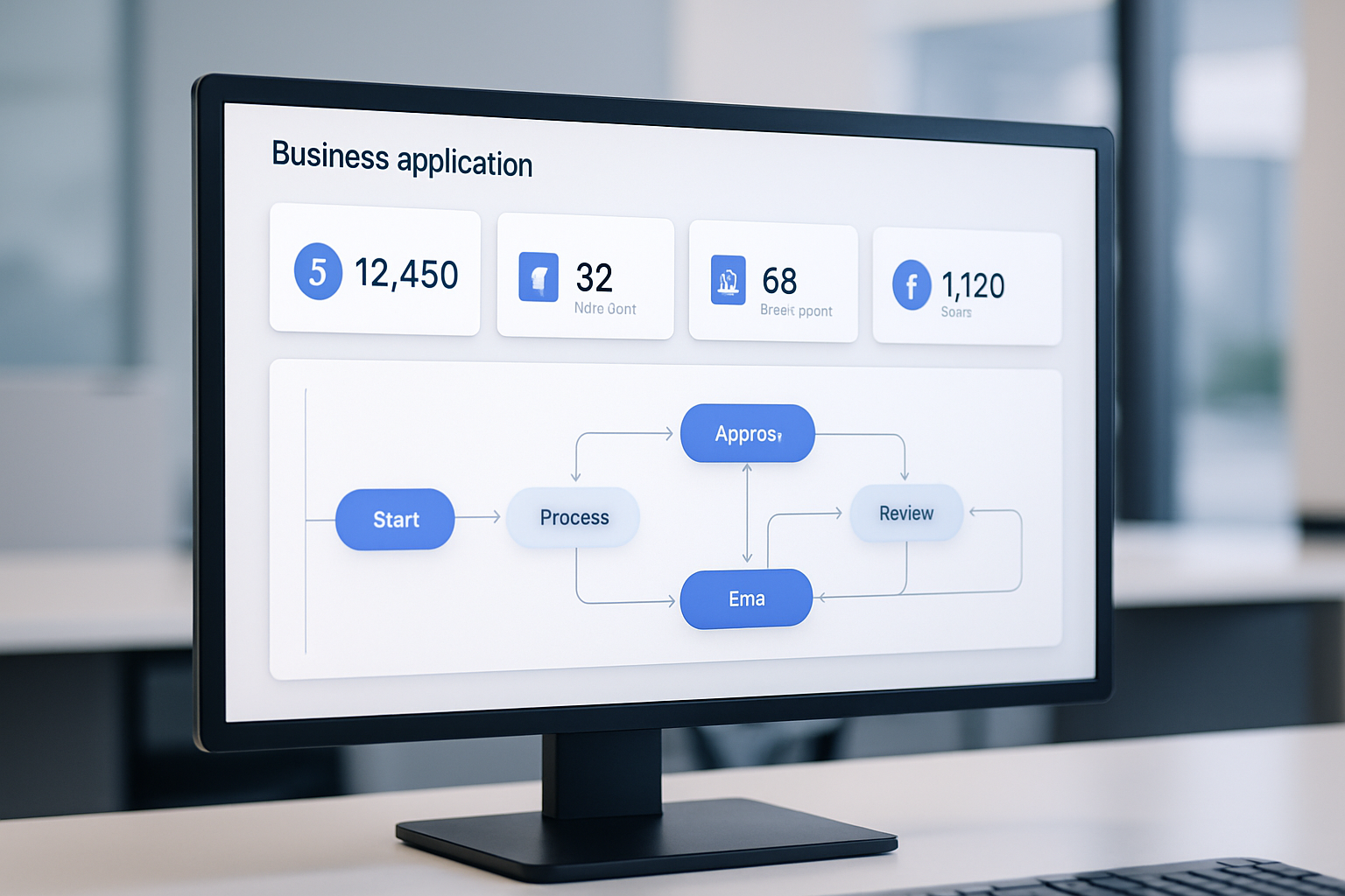 Polished enterprise application interface showing KPI dashboard cards, workflow nodes, connecting process lines, and diagram overlays in a modern office software style