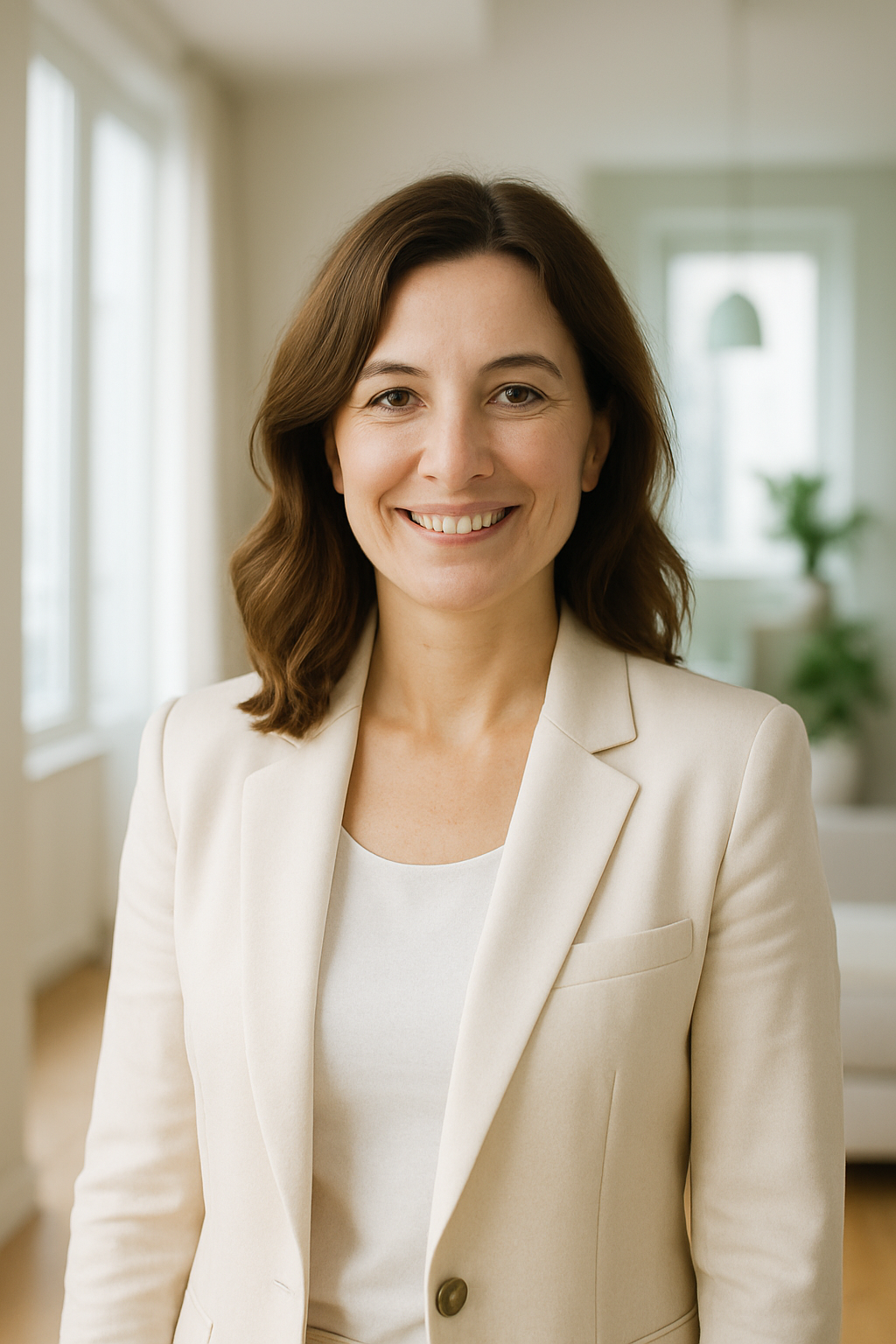 Portrait of Olha Melnyk, Kyiv real estate agent, smiling in a bright, sunlit apartment
