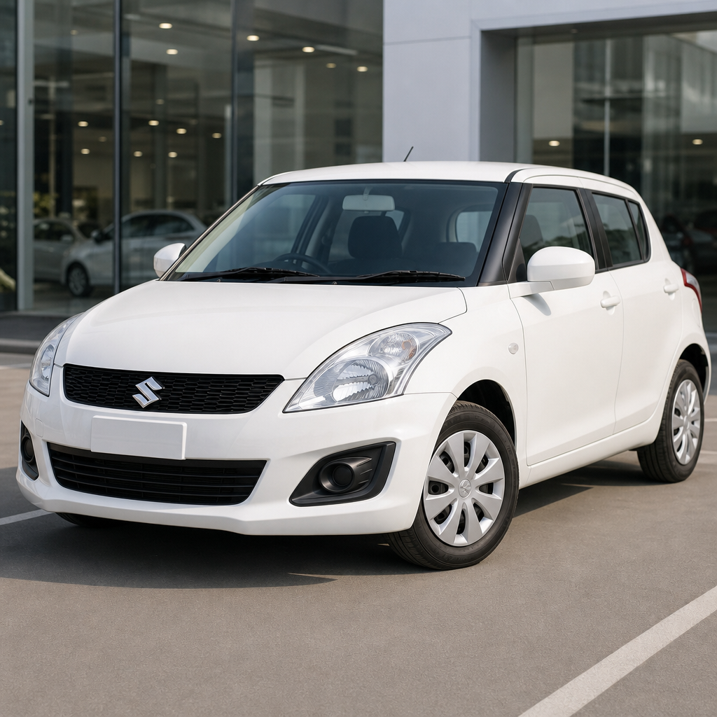 Compact white economy hatchback parked in a clean dealership lot with soft daylight