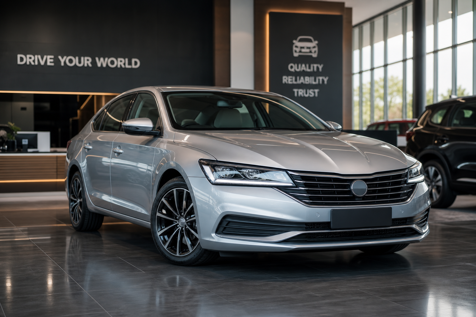 Premium metallic silver sedan parked in a modern showroom with soft directional lighting