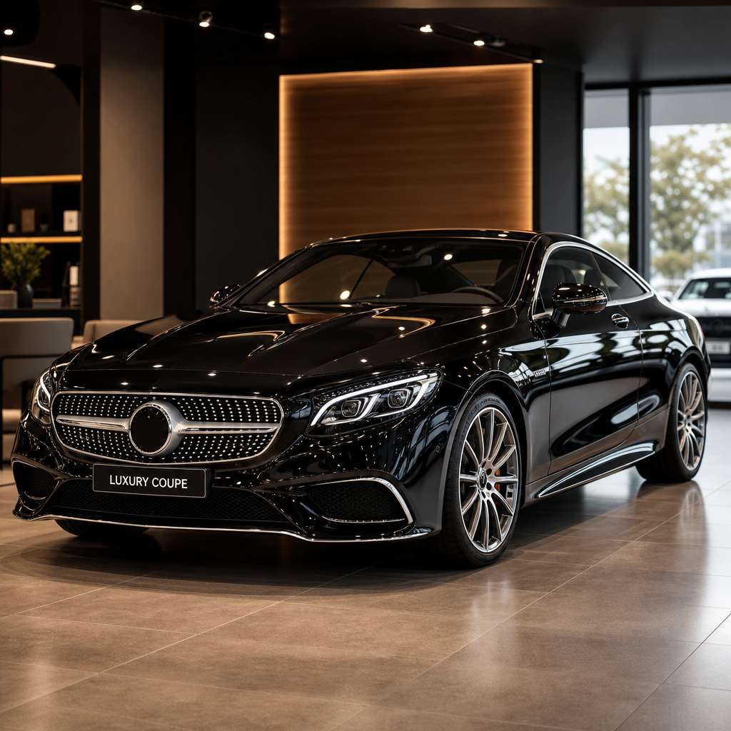 Premium black luxury coupe with chrome accents under showroom lighting