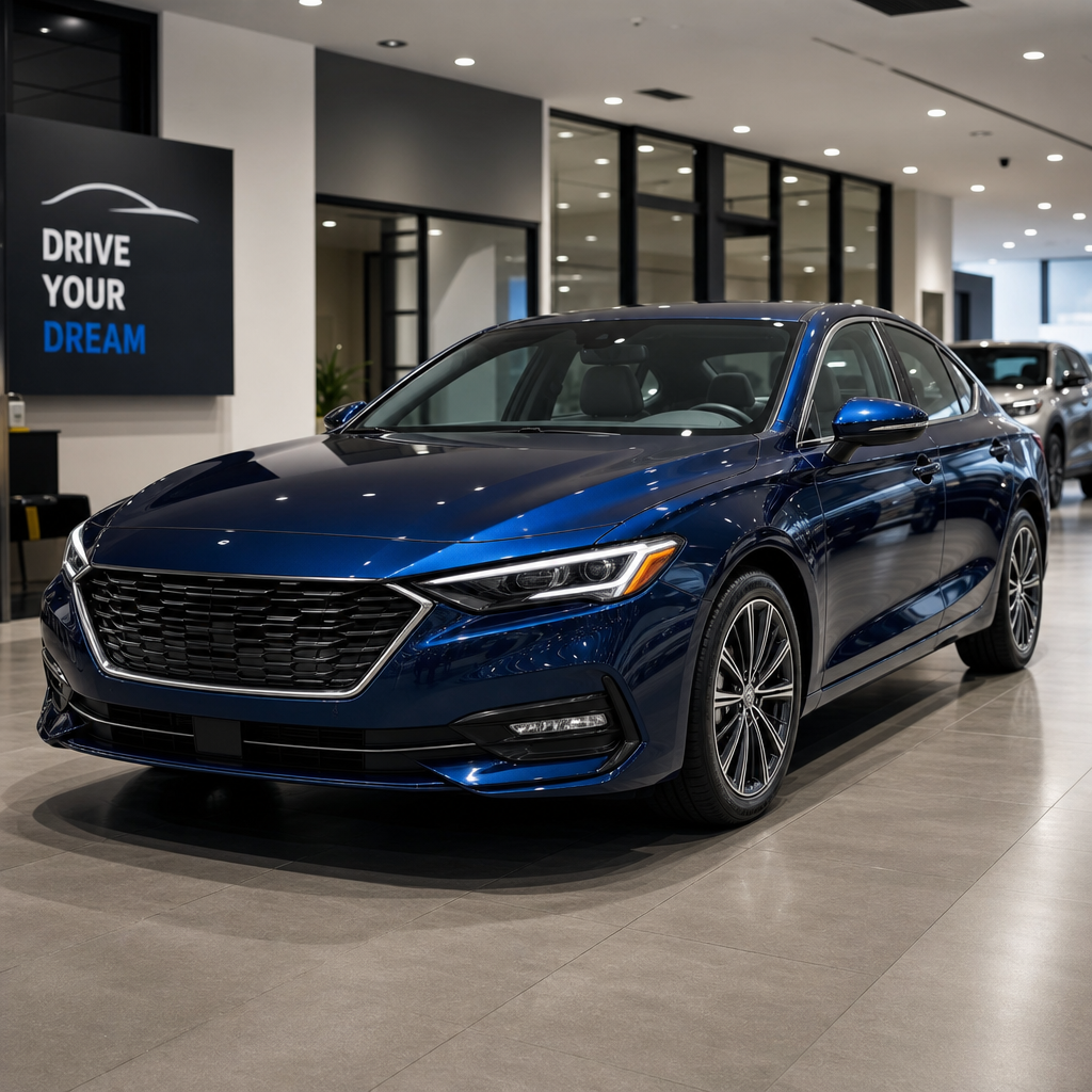 Sleek dark blue sedan shown in a modern showroom with polished floor
