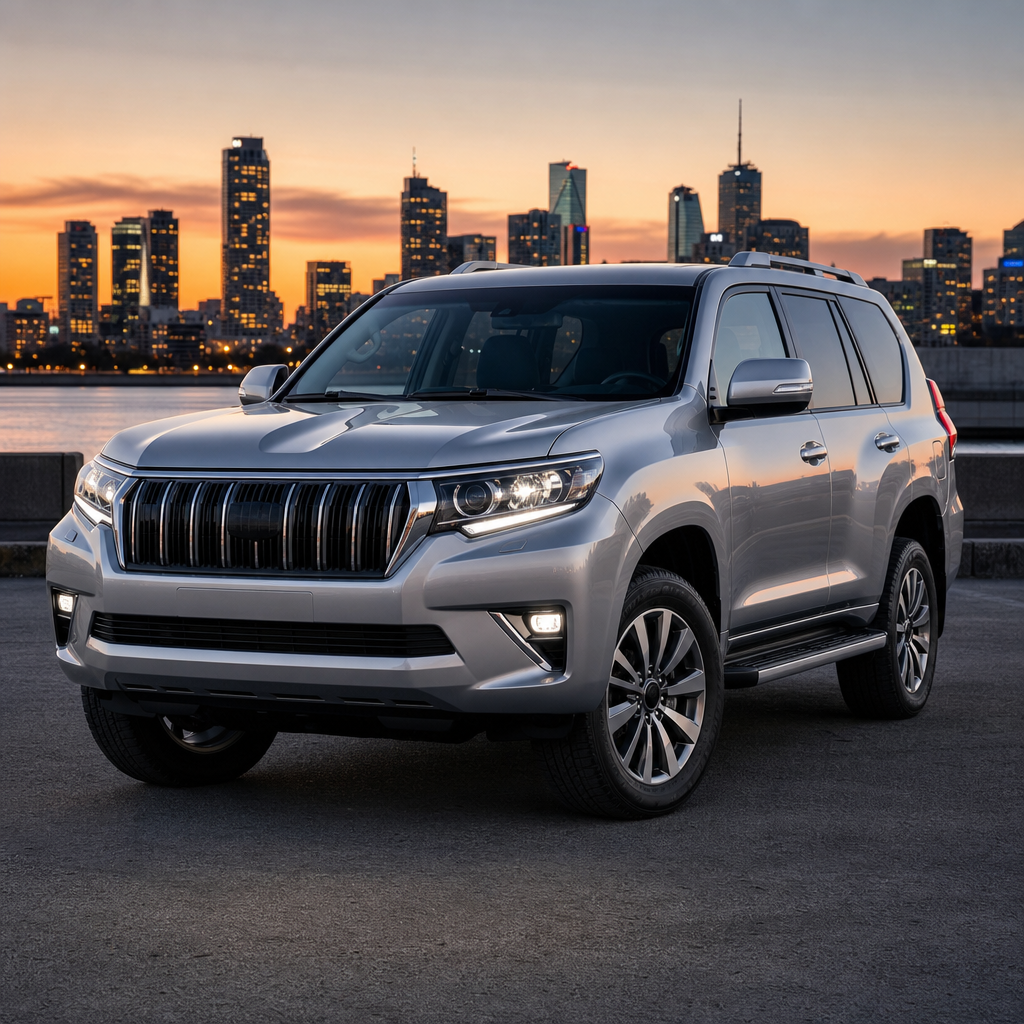 Robust silver SUV parked outdoors near city skyline at dusk