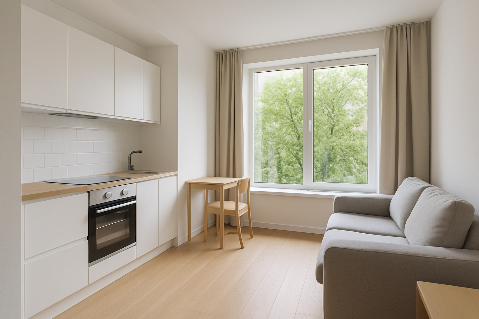 Bright one-room apartment living area in Obolon
