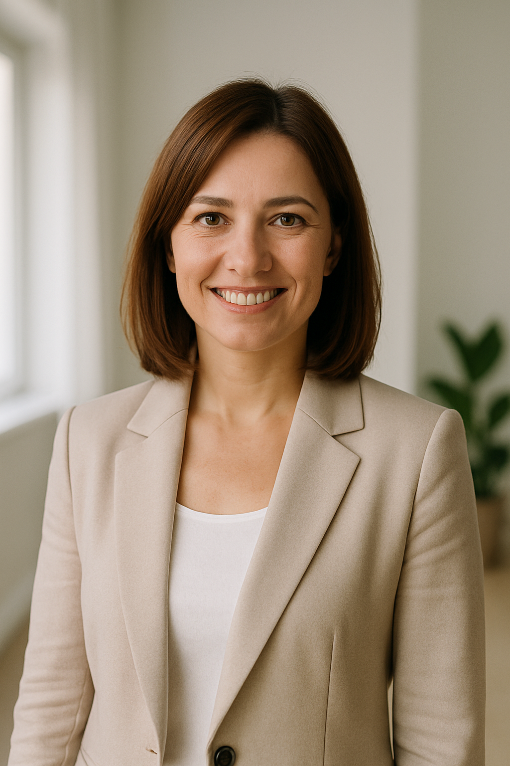 Professional portrait of Olha Melnyk, Kyiv real estate agent, smiling warmly