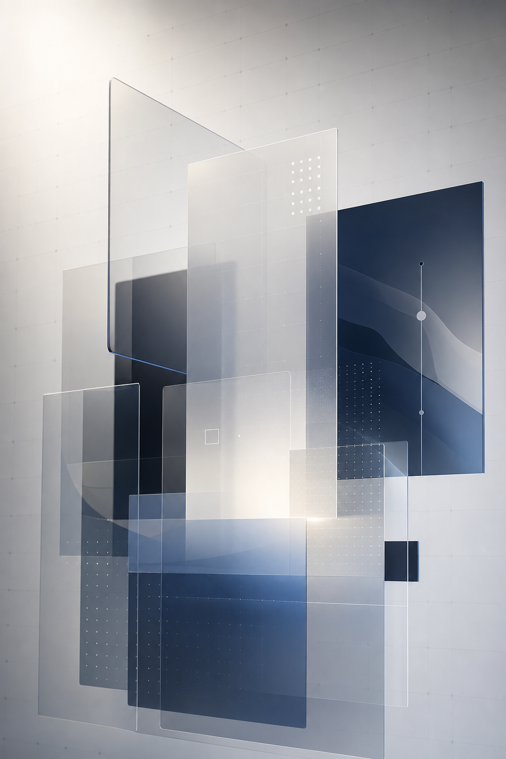 Abstract editorial-tech composition with layered translucent interface planes, fine grid lines, and a soft directional glow in a minimal studio-like frame