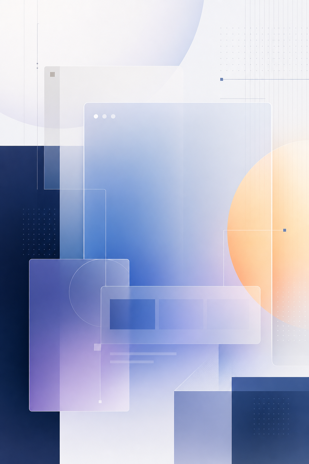 Abstract editorial-tech composition with layered interface panels, geometric lines, soft gradients, and premium minimalist depth