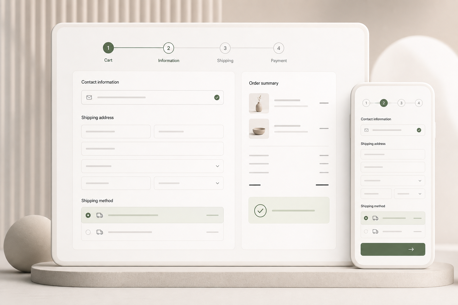 Minimal e-commerce checkout mockup with modular form blocks, soft cream panels, and subtle progress indicators