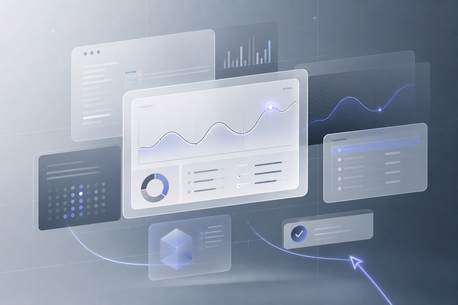 Abstract analytics interface scene with layered translucent cards, grid lines, and luminous cursor trails in cool neutral tones