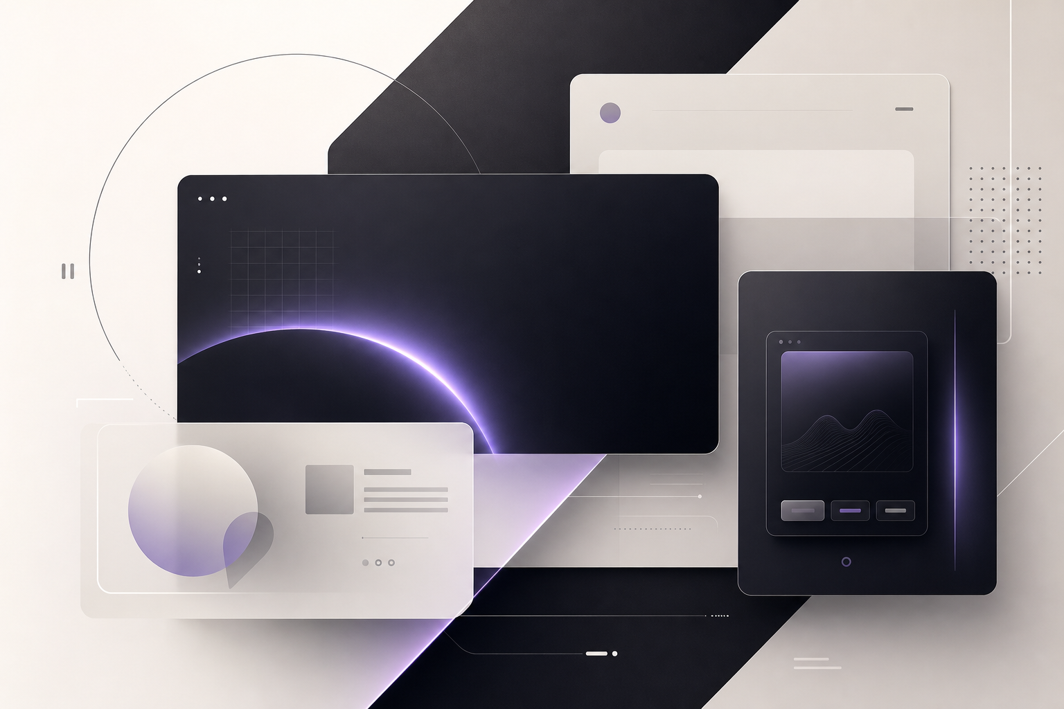 Experimental landing page composition with geometric interface fragments, typographic overlays, and soft neon edge glow