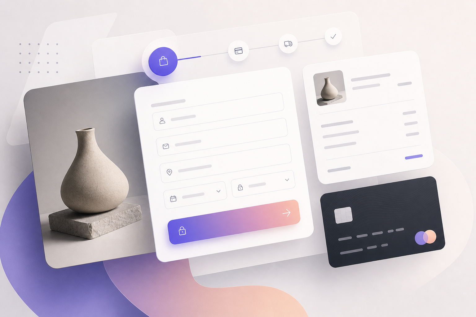 Commerce checkout interface concept with floating form blocks, gradient highlights, and structured progress indicators