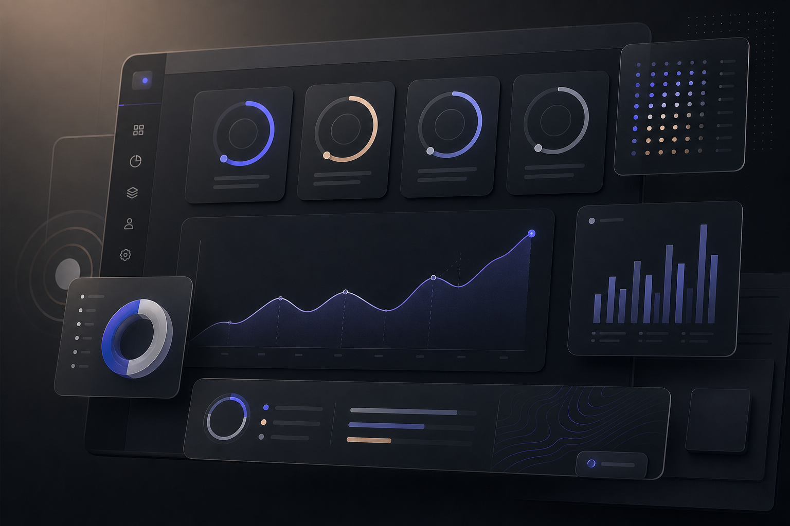 Executive metrics cockpit UI with circular KPI widgets, compact charts, and deep layered interface panels