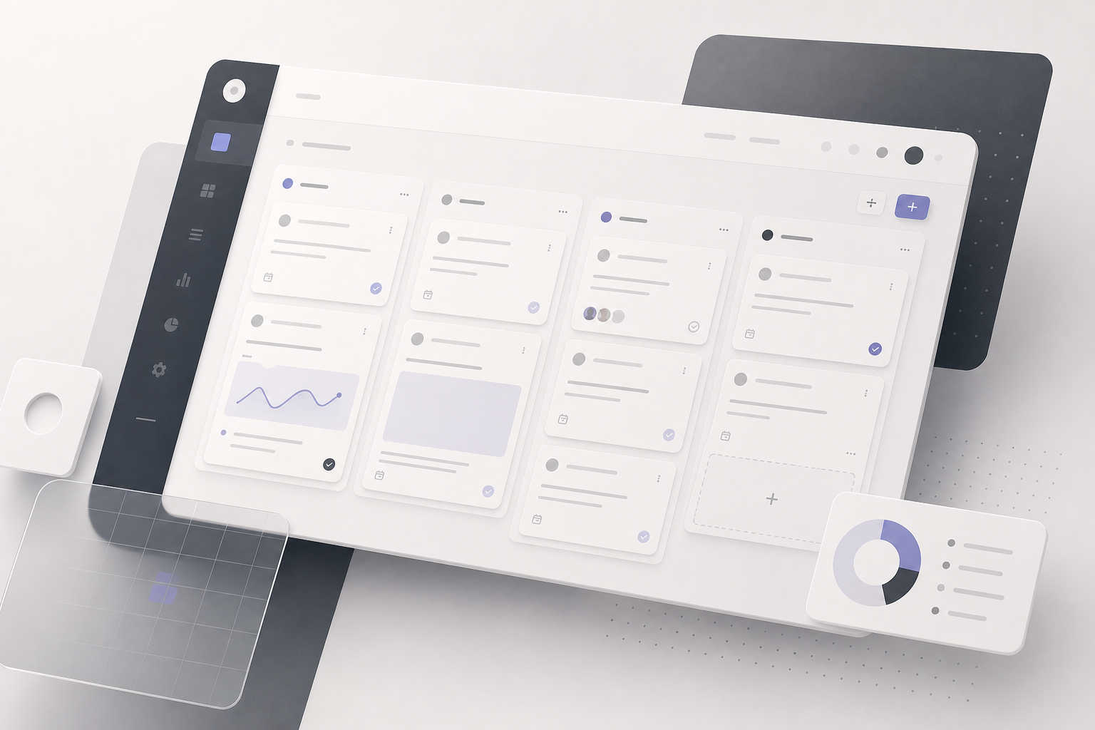 Minimal project planning dashboard mockup with modular kanban tiles, monochrome accents, and soft depth shadows