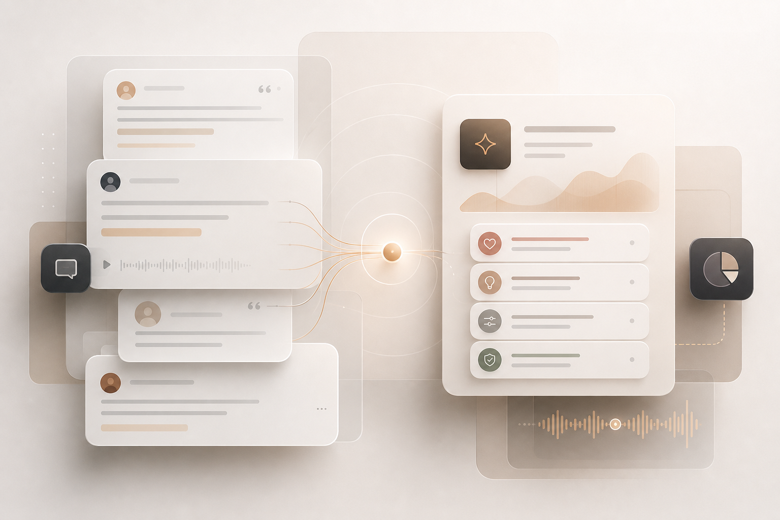 Customer feedback portal interface with layered message panes, subtle waveform motifs, and warm neutral palettes