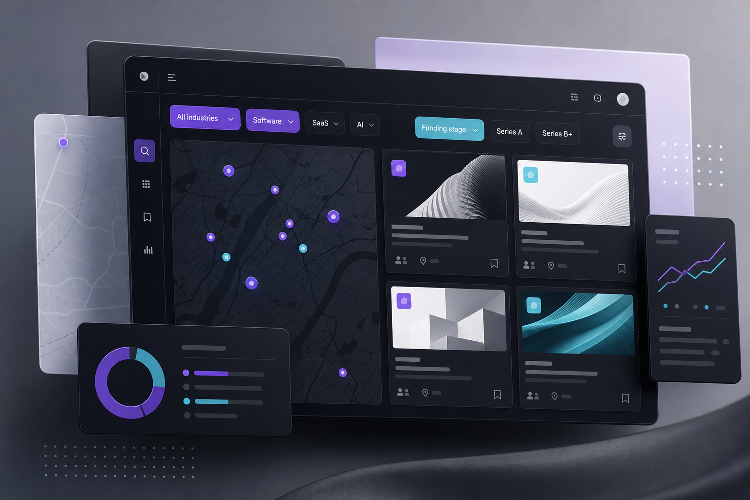 Editorial-style product map interface with dark neutral cards, violet tags, and layered content tiles
