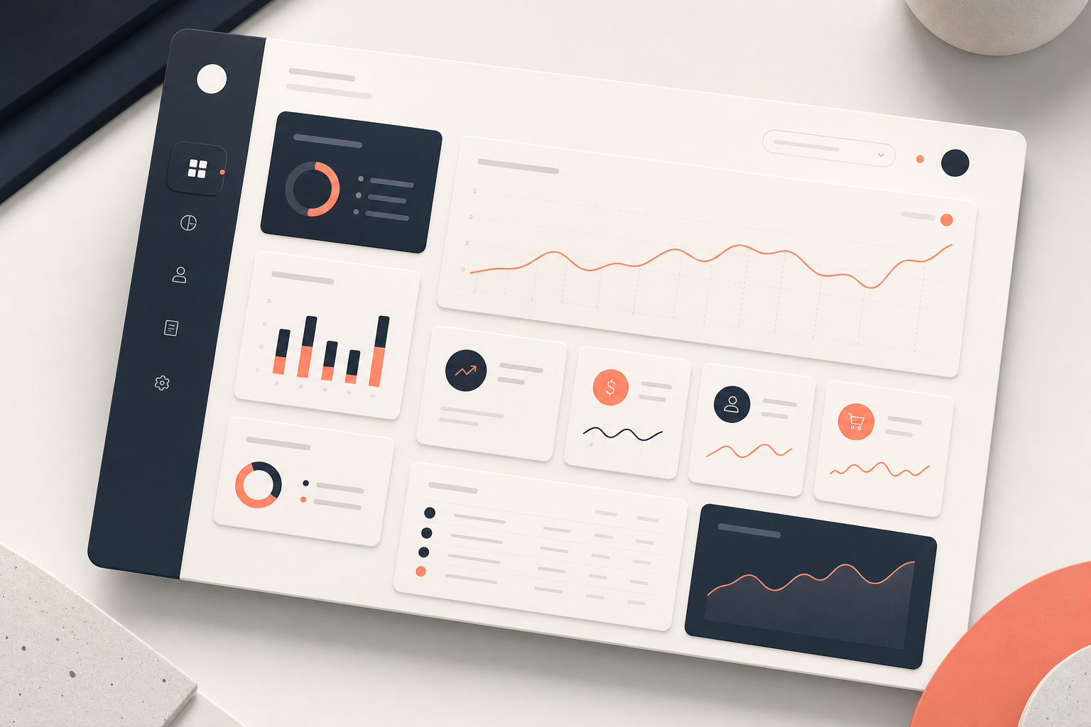 Abstract interface preview with a calm slate dashboard layout, layered analytics cards, and coral accent charts