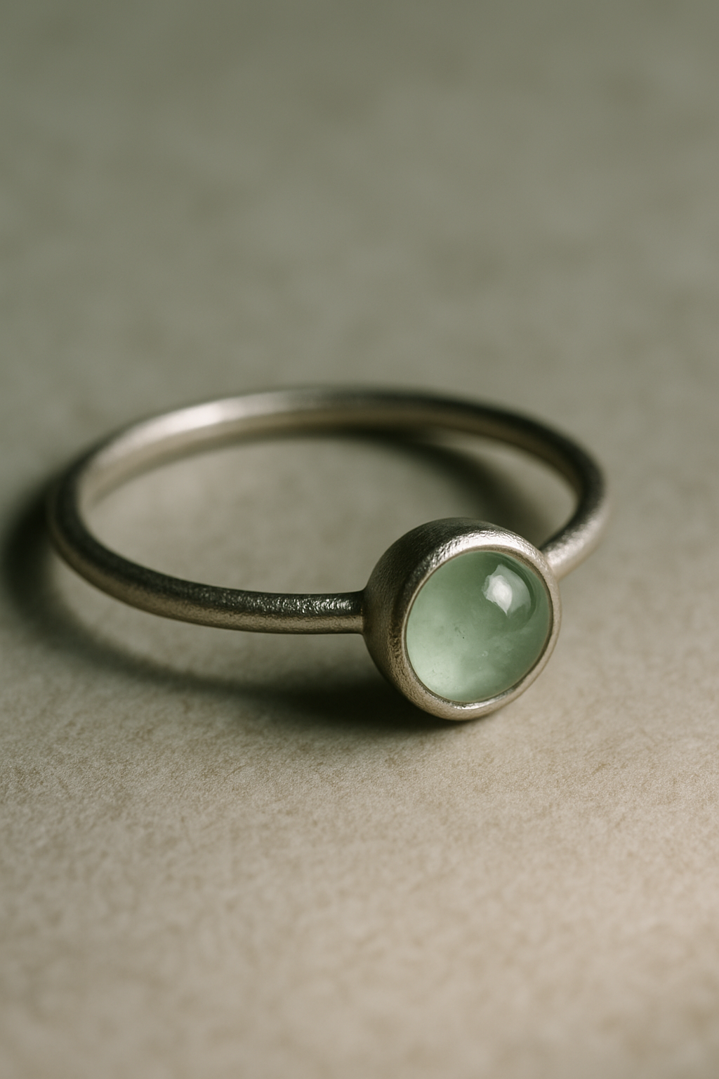 Thin stacking band with bezel-set pale green stone