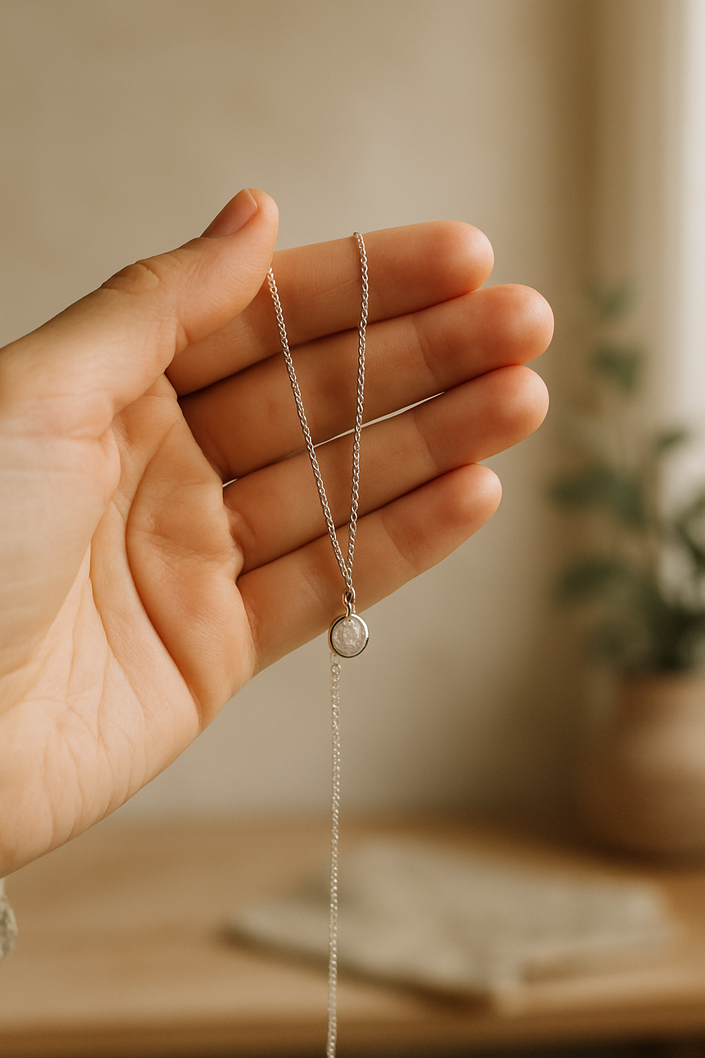 Hand holding a delicate handmade silver necklace with a soft artisan feel