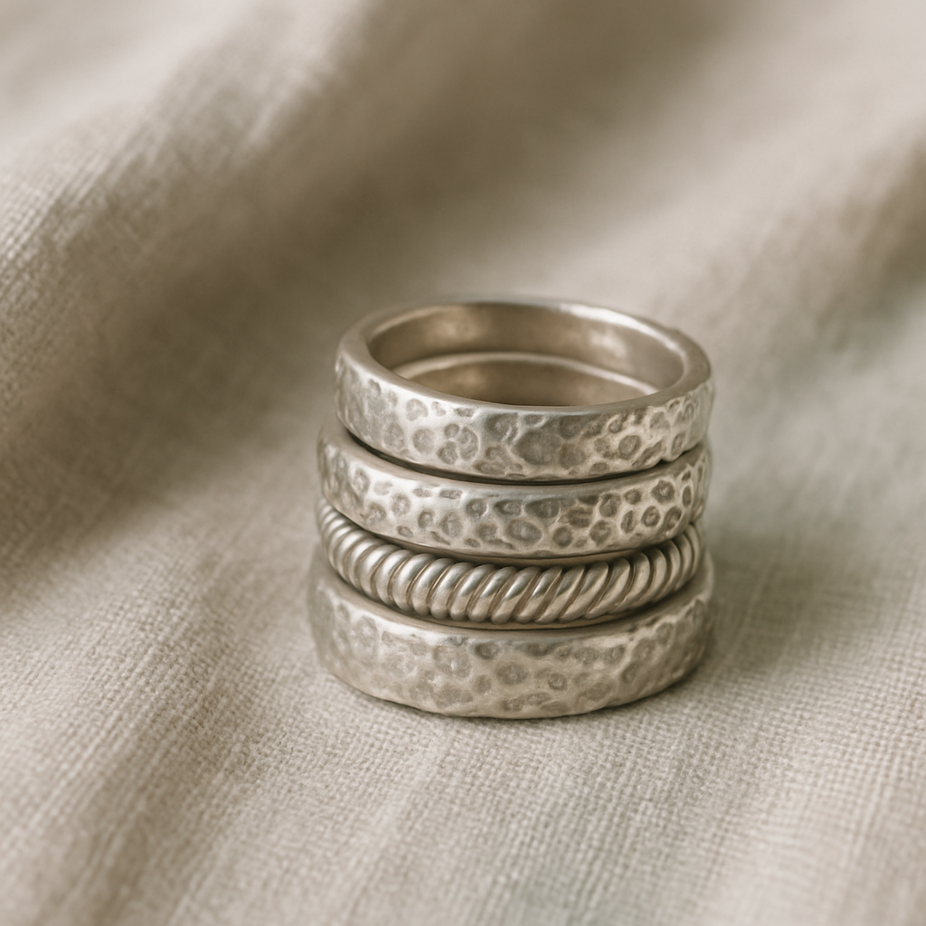 Stack of handcrafted silver rings on natural linen fabric