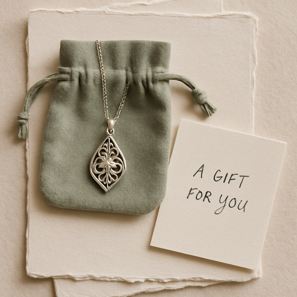 Velvet keepsake pouch with silver jewelry and handwritten gift card on textured paper