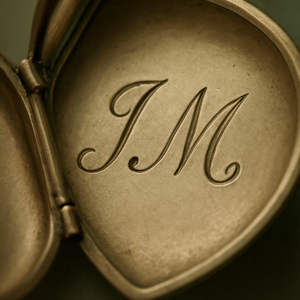 Close-up of engraved initials inside silver locket