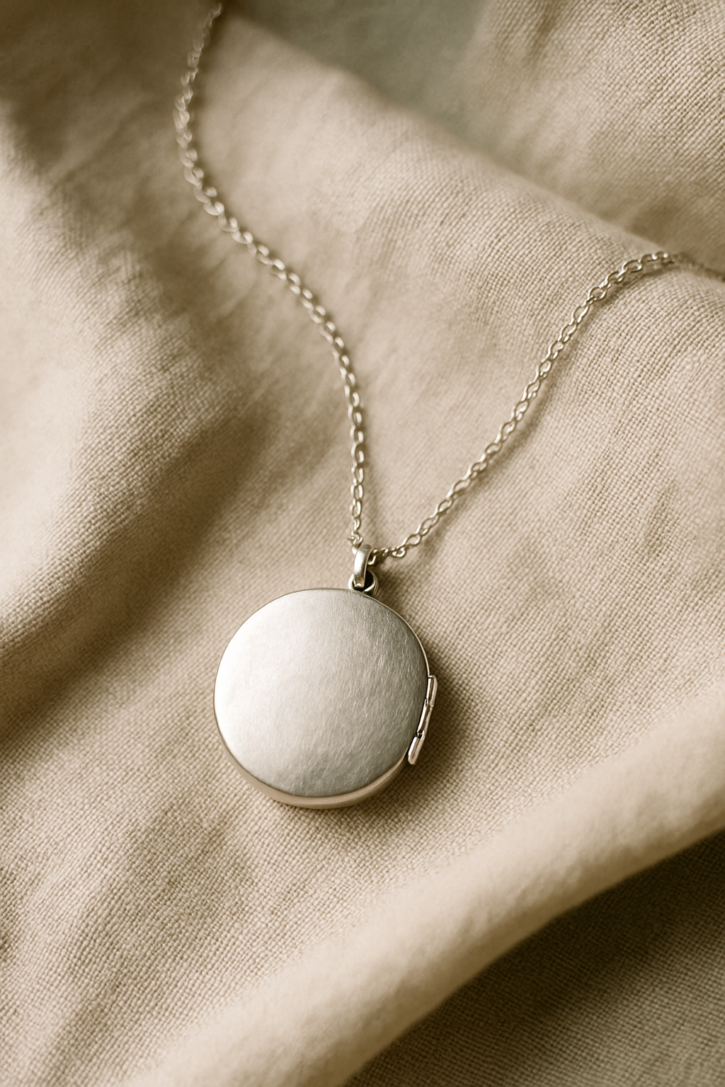 Moonlit locket necklace in brushed silver with fine chain