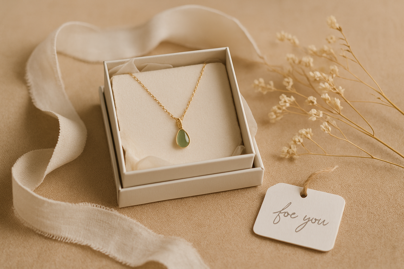 Handmade jewelry gift box wrapped in soft linen ribbon with dried botanicals on a neutral artisan tabletop
