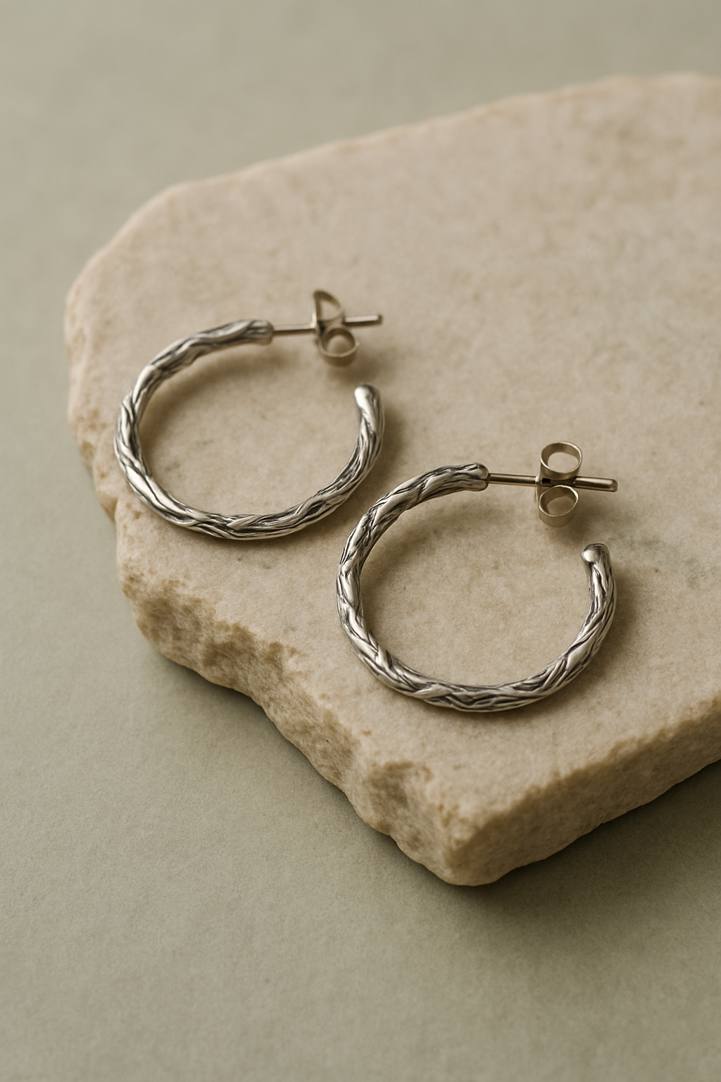 Slim vine-textured silver hoop earrings