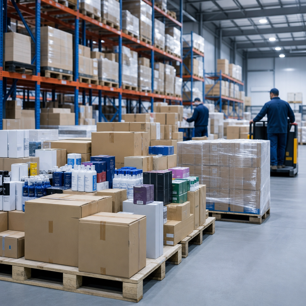 Packaged wholesale inventory assortment on pallets with logistics movement in a clean commercial warehouse