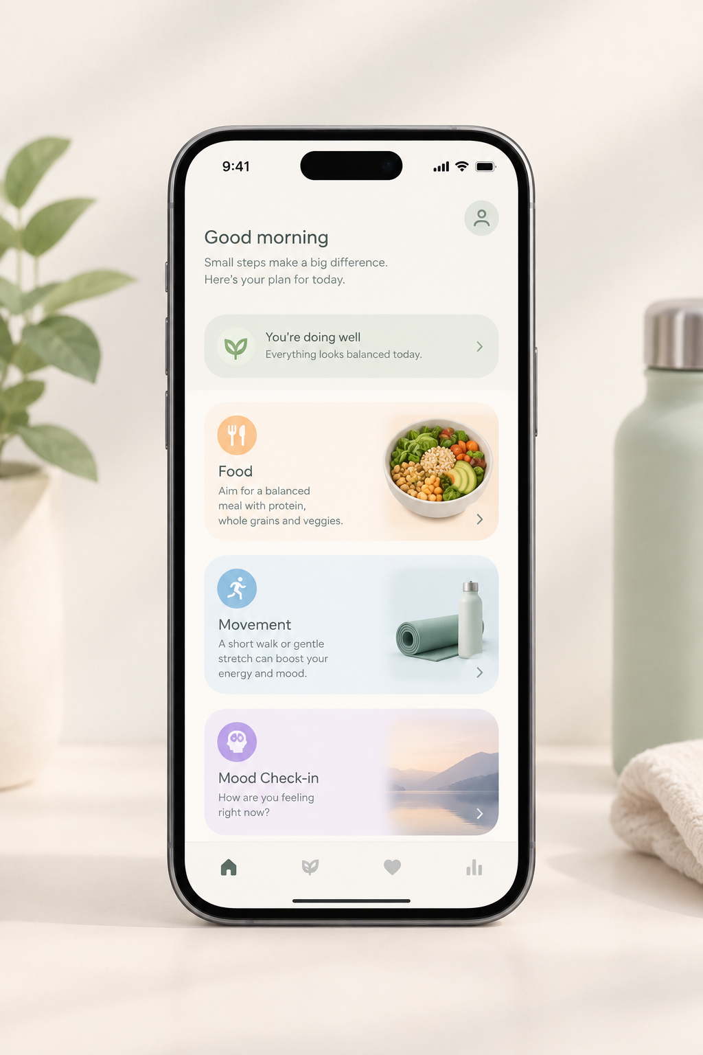 Soft app-style phone screen showing an adaptive daily AI wellness coach with meal, movement, and mood check-ins