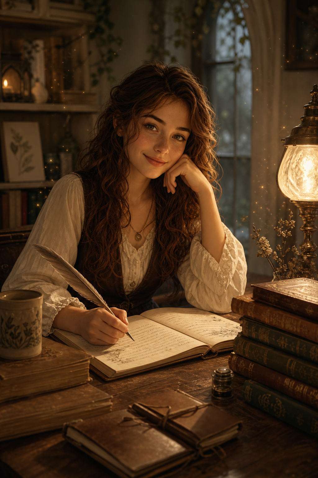 Portrait-style fantasy author illustration with a young writer at a wooden desk, warm lamplight, and shelves of old books