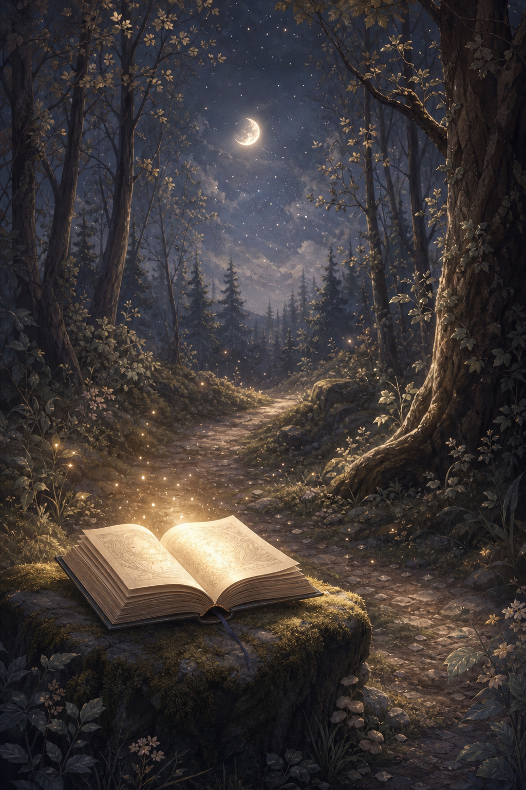 Soft fantasy illustration of a moonlit woodland path with a glowing open book and distant starlight