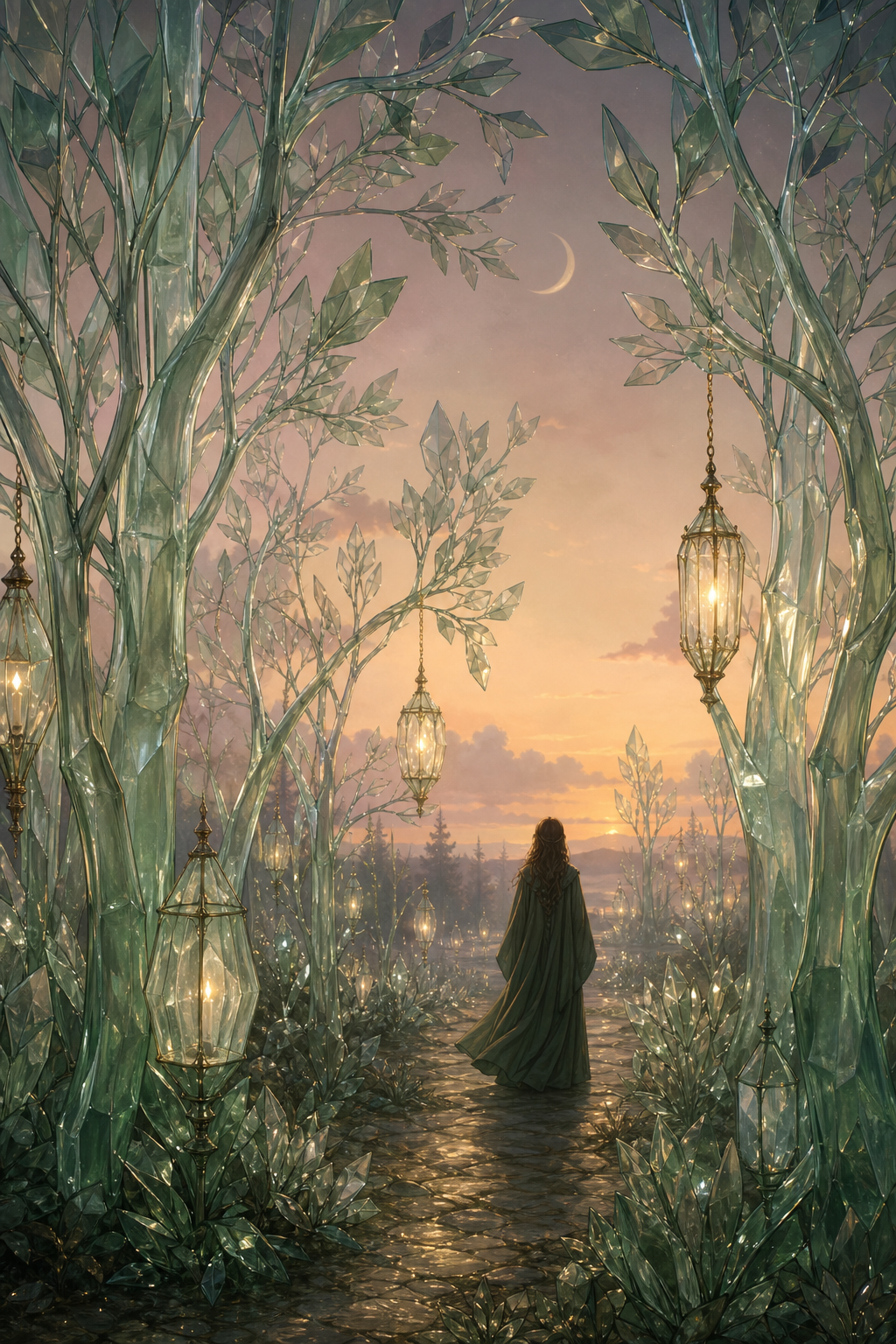 Fantasy cover illustration of a pale green glass forest with glowing lanterns suspended in branches