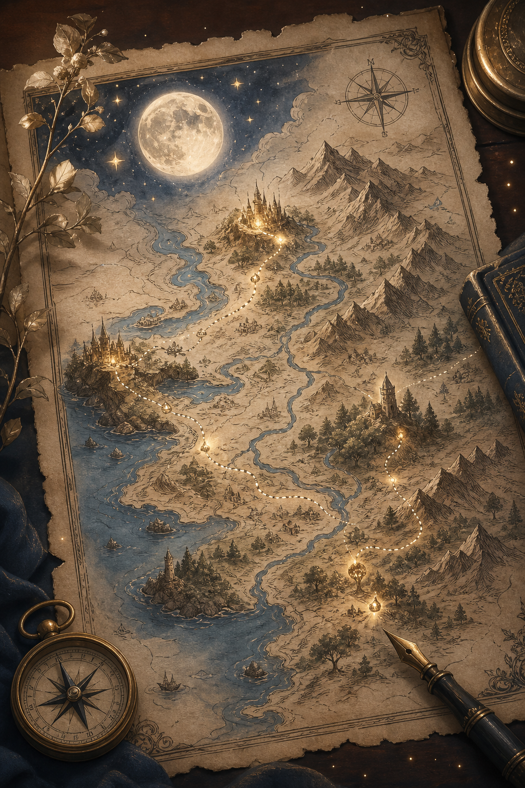 Illustrated fantasy book cover with a silver-lit map, winding rivers, and hand-drawn mountain ridges