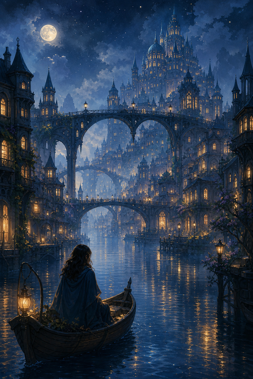 Book cover art showing a midnight blue river city with floating bridges and golden window lights