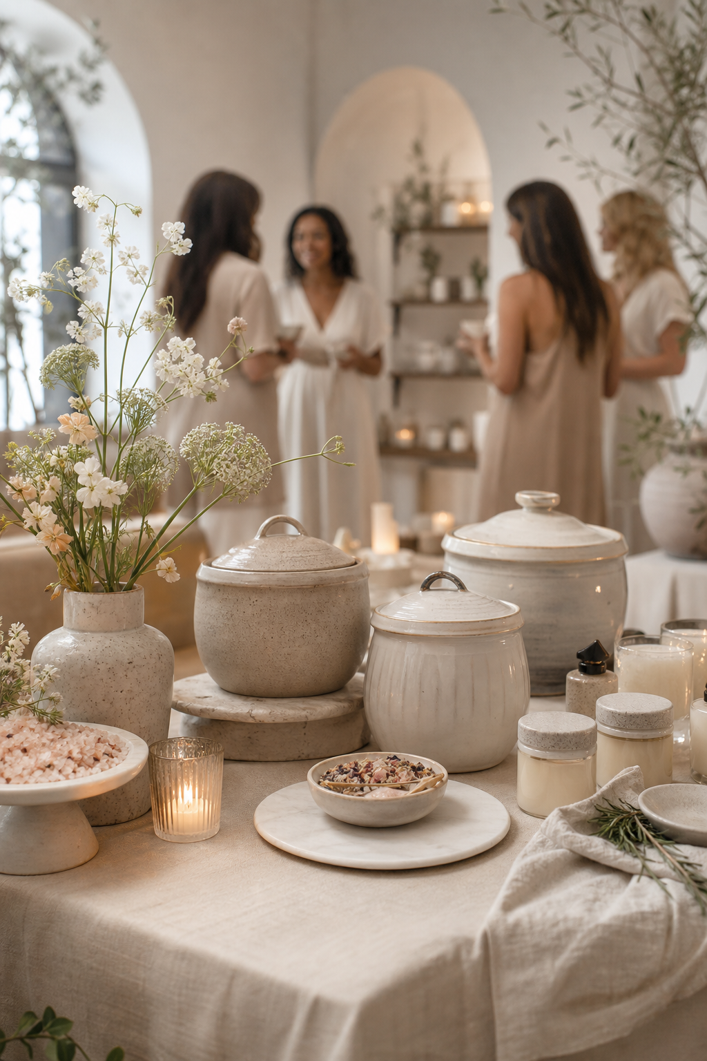 Elegant private event bath-and-body ritual setup with curated vessels, botanical accents, and guests in a refined boutique atmosphere