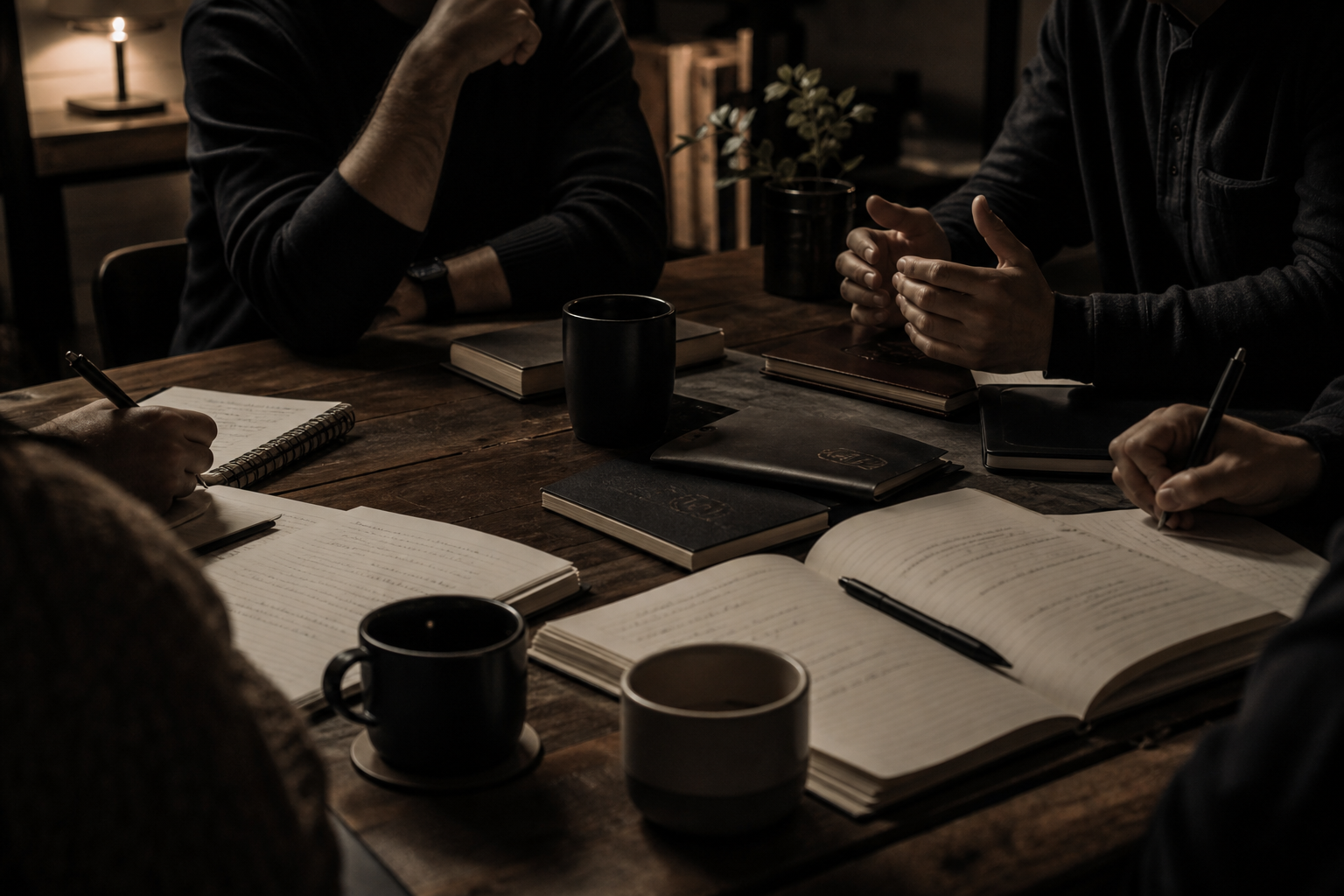 Faceless cinematic small group gathering around notebooks and coffee in soft warm light, focused on intentional discussion