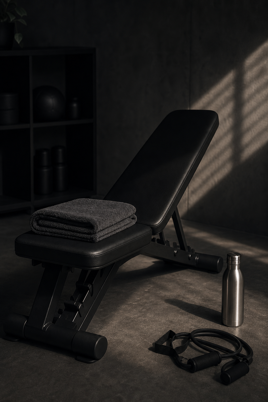 Faceless minimal training and recovery space with a bench, folded towel, water bottle, and soft cinematic side lighting