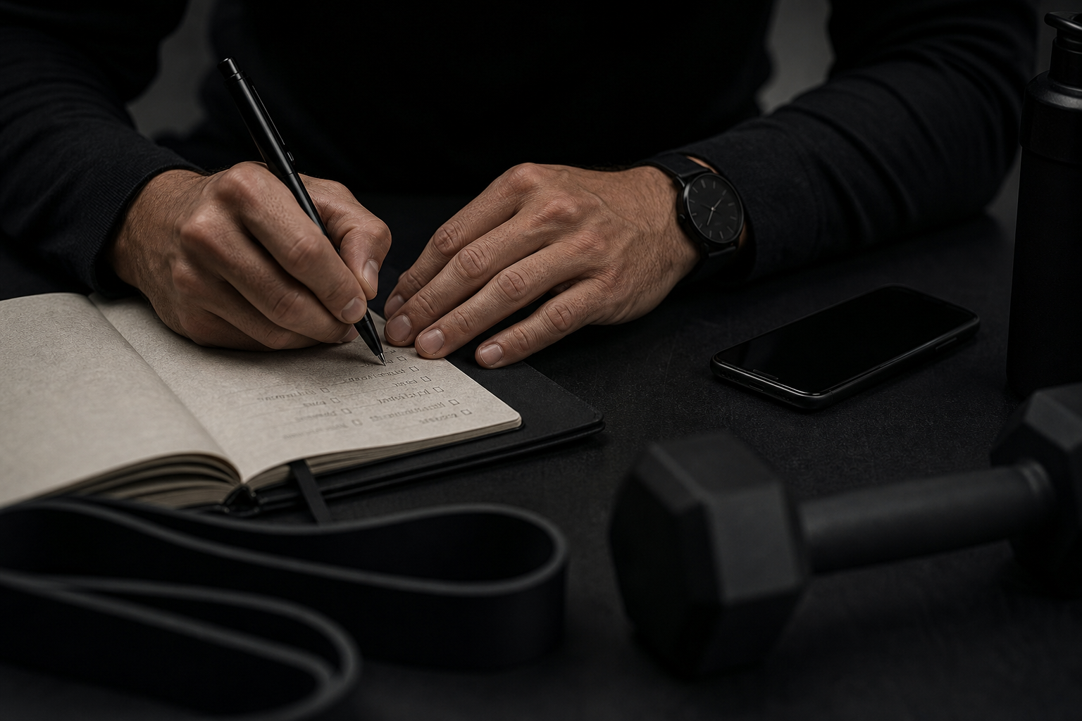 Faceless cinematic scene of hands writing in a journal beside training gear and a phone in moody low light