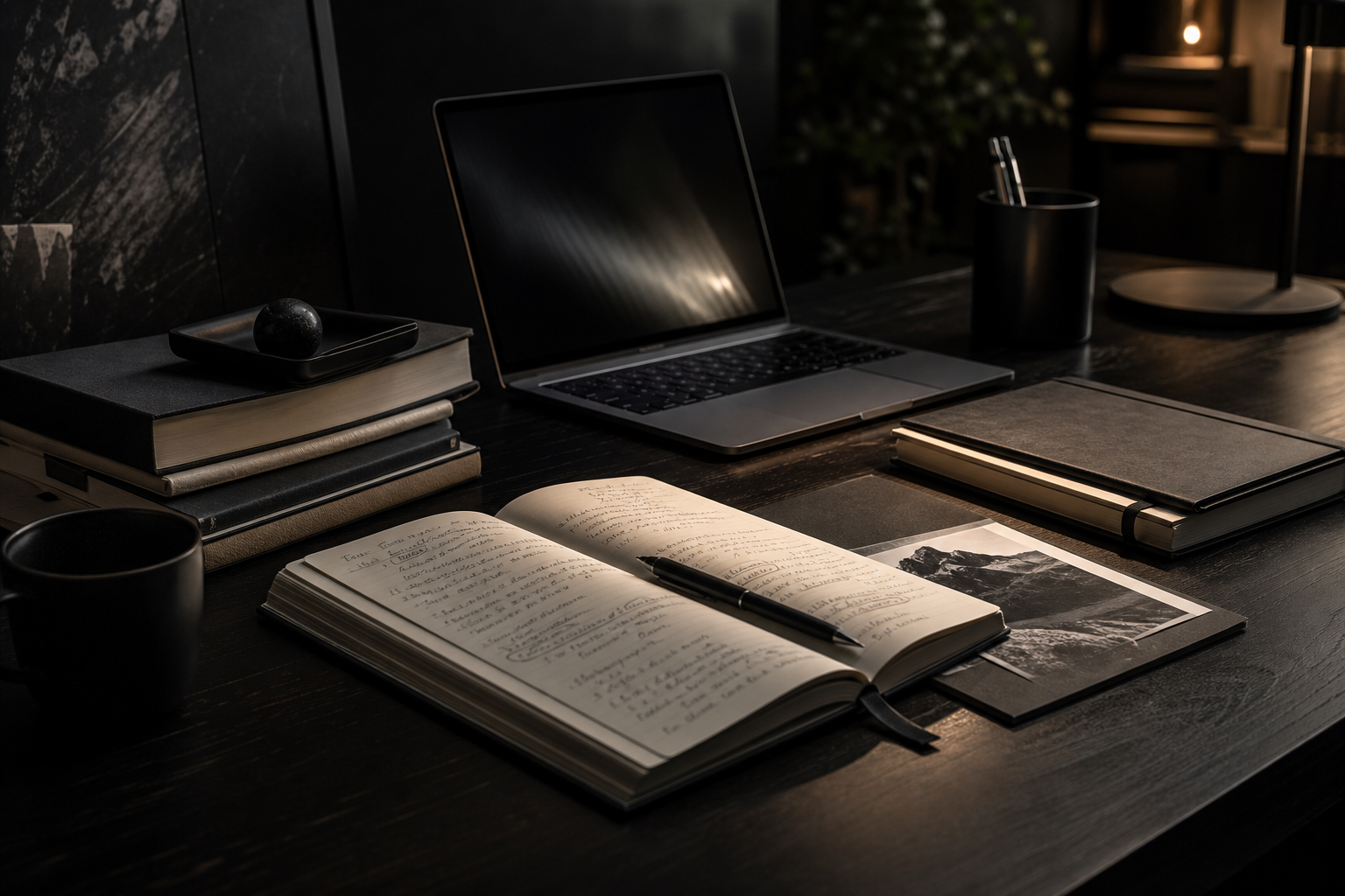 Faceless editorial desk scene with open notebook pages, stacked books, and a laptop under moody controlled lighting