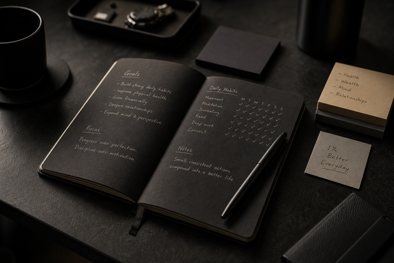 Faceless dark desk scene with a notebook, pen, and habit-tracking check marks under soft moody light